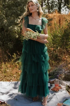 Baltic Born Valora Swiss Dot Tulle Maxi Dress | Dark Green
