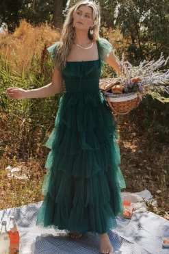 Baltic Born Valora Swiss Dot Tulle Maxi Dress | Dark Green