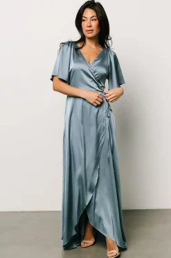 Baltic Born Vara Satin Maxi Wrap Dress | Dusty Blue