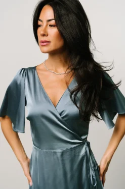 Baltic Born Vara Satin Maxi Wrap Dress | Dusty Blue