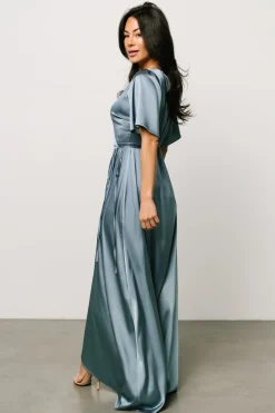 Baltic Born Vara Satin Maxi Wrap Dress | Dusty Blue