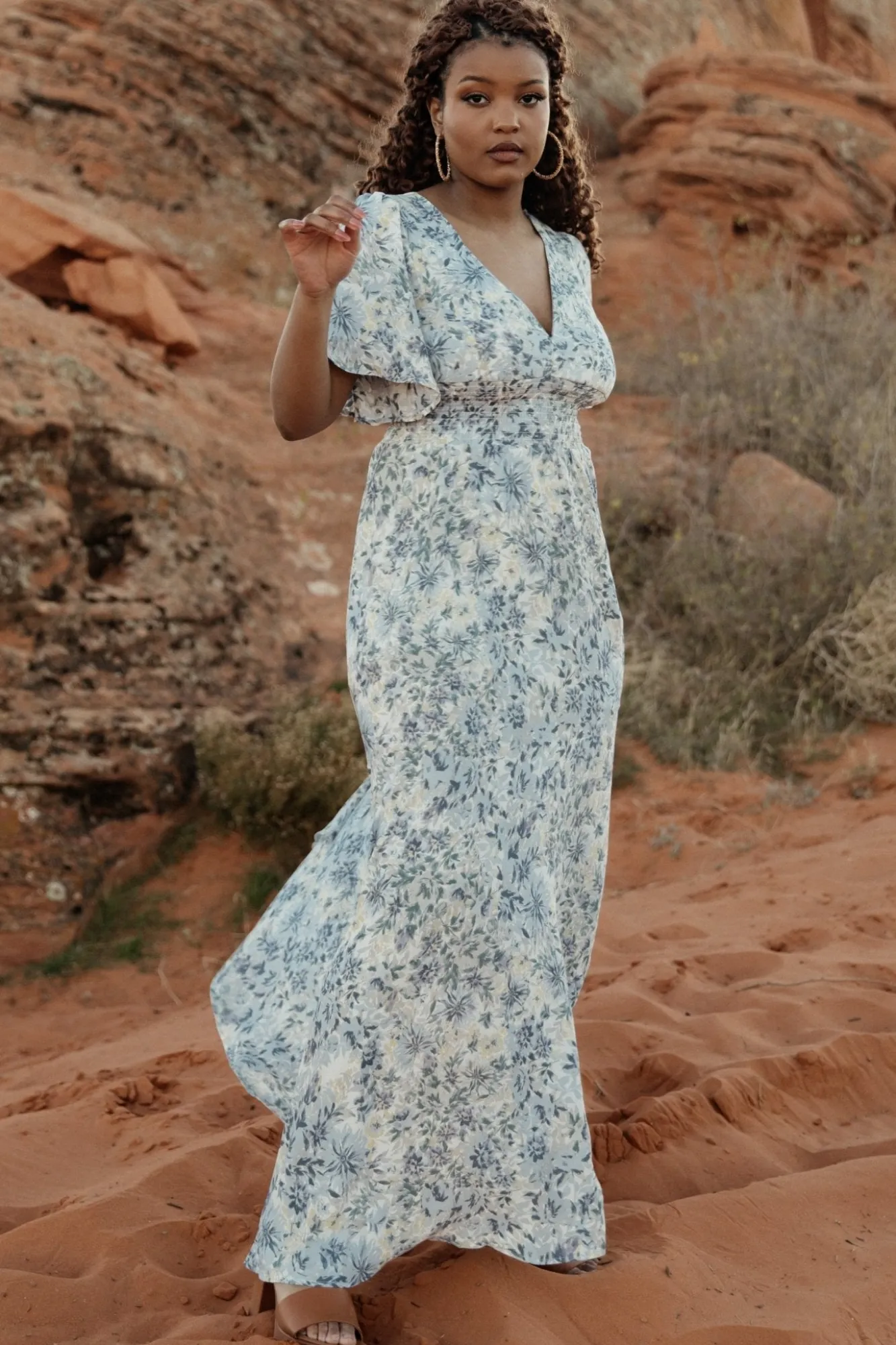 Baltic Born Verona Smocked Maxi Dress | White + Blue Print