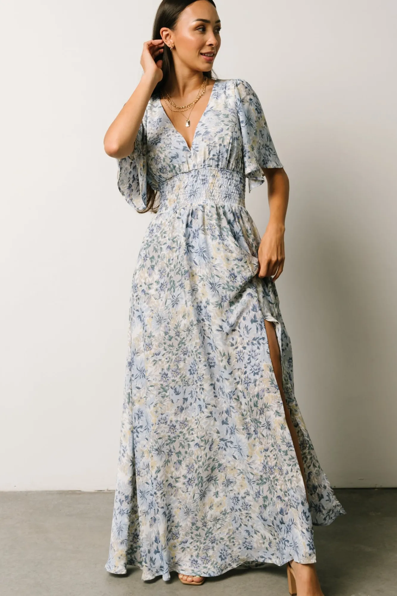 Baltic Born Verona Smocked Maxi Dress | White + Blue Print