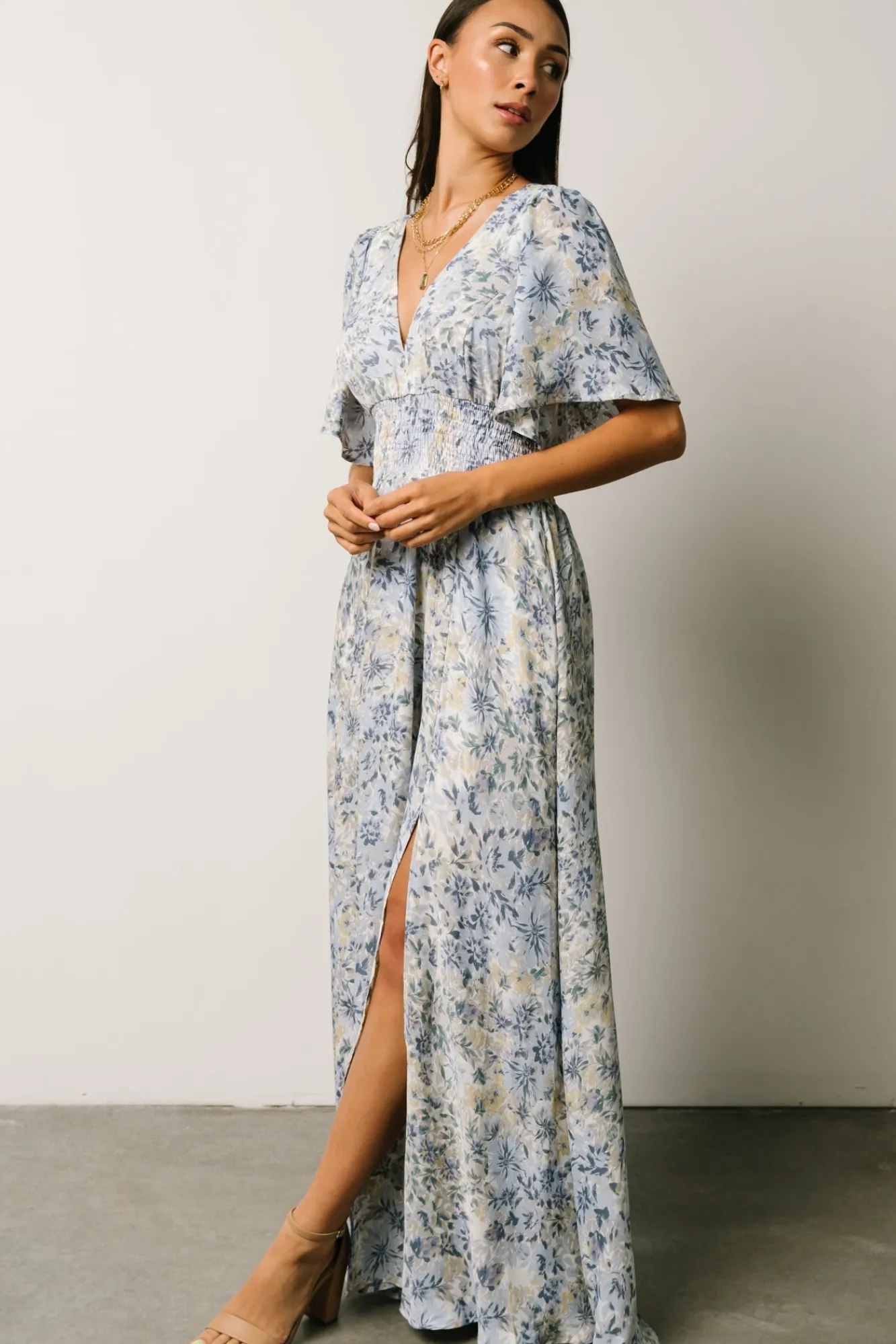 Baltic Born Verona Smocked Maxi Dress | White + Blue Print