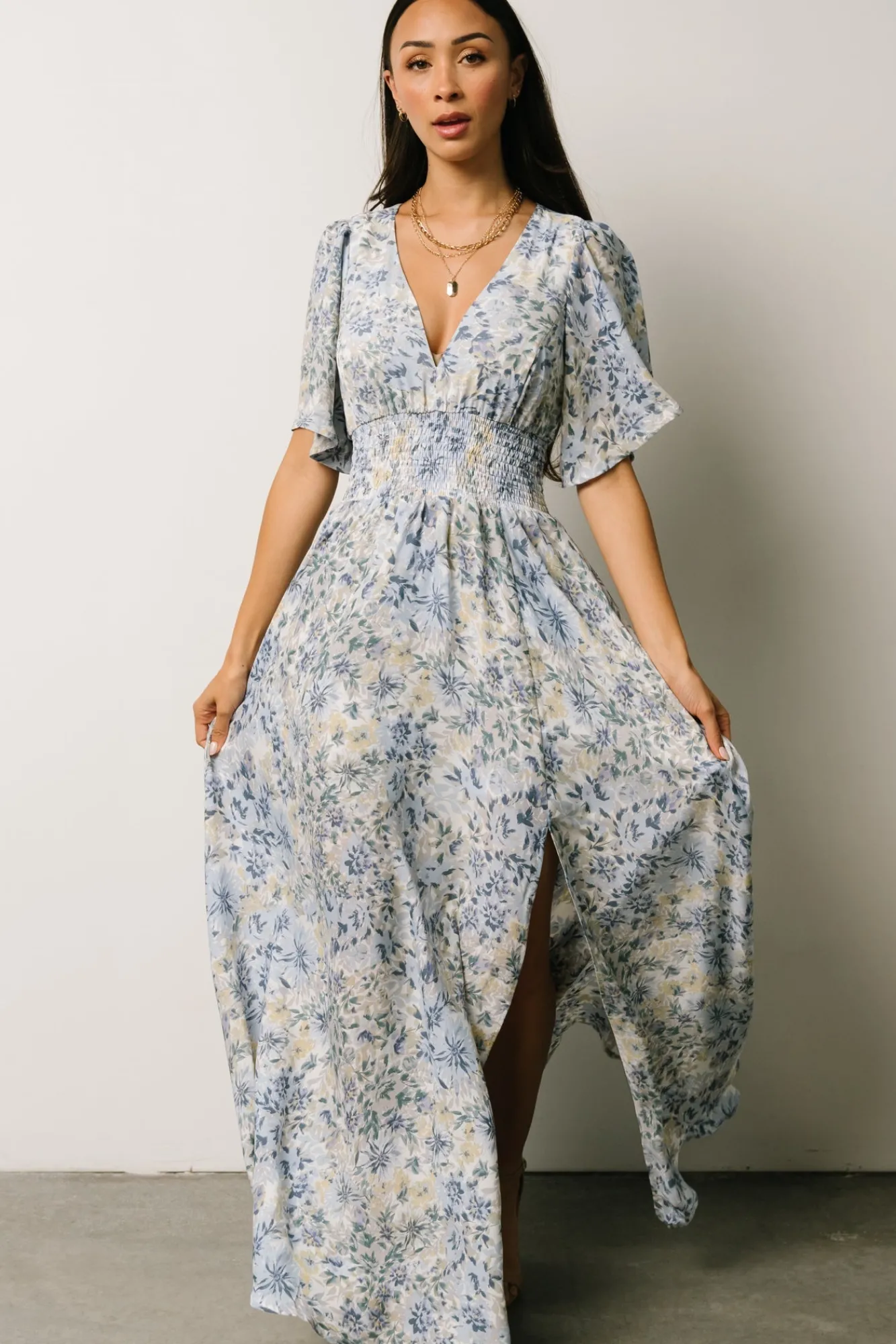 Baltic Born Verona Smocked Maxi Dress | White + Blue Print