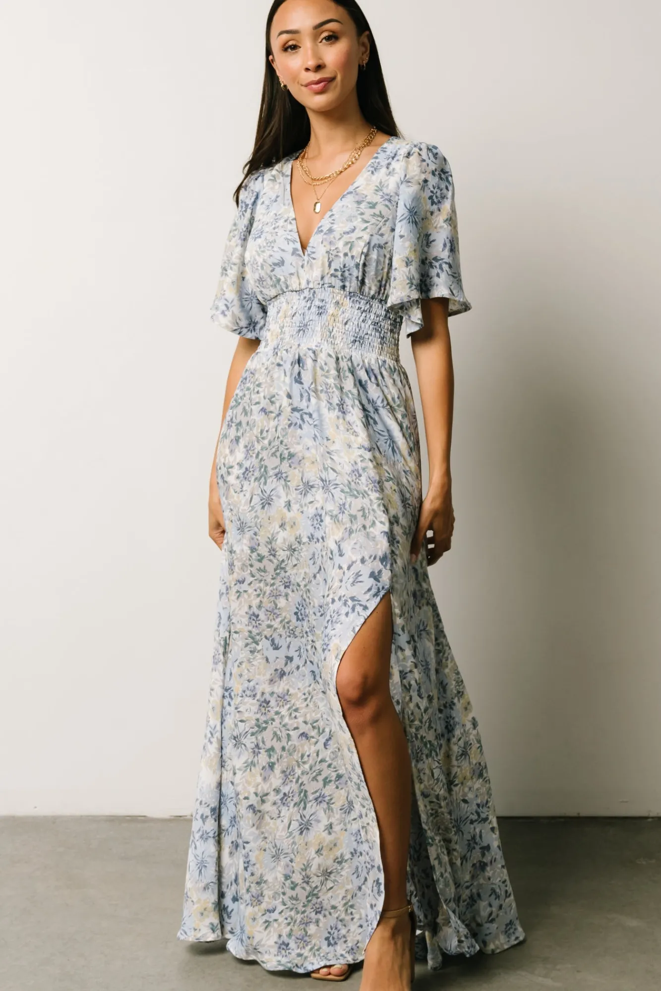 Baltic Born Verona Smocked Maxi Dress | White + Blue Print