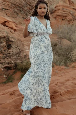 Baltic Born Verona Smocked Maxi Dress | White + Blue Print