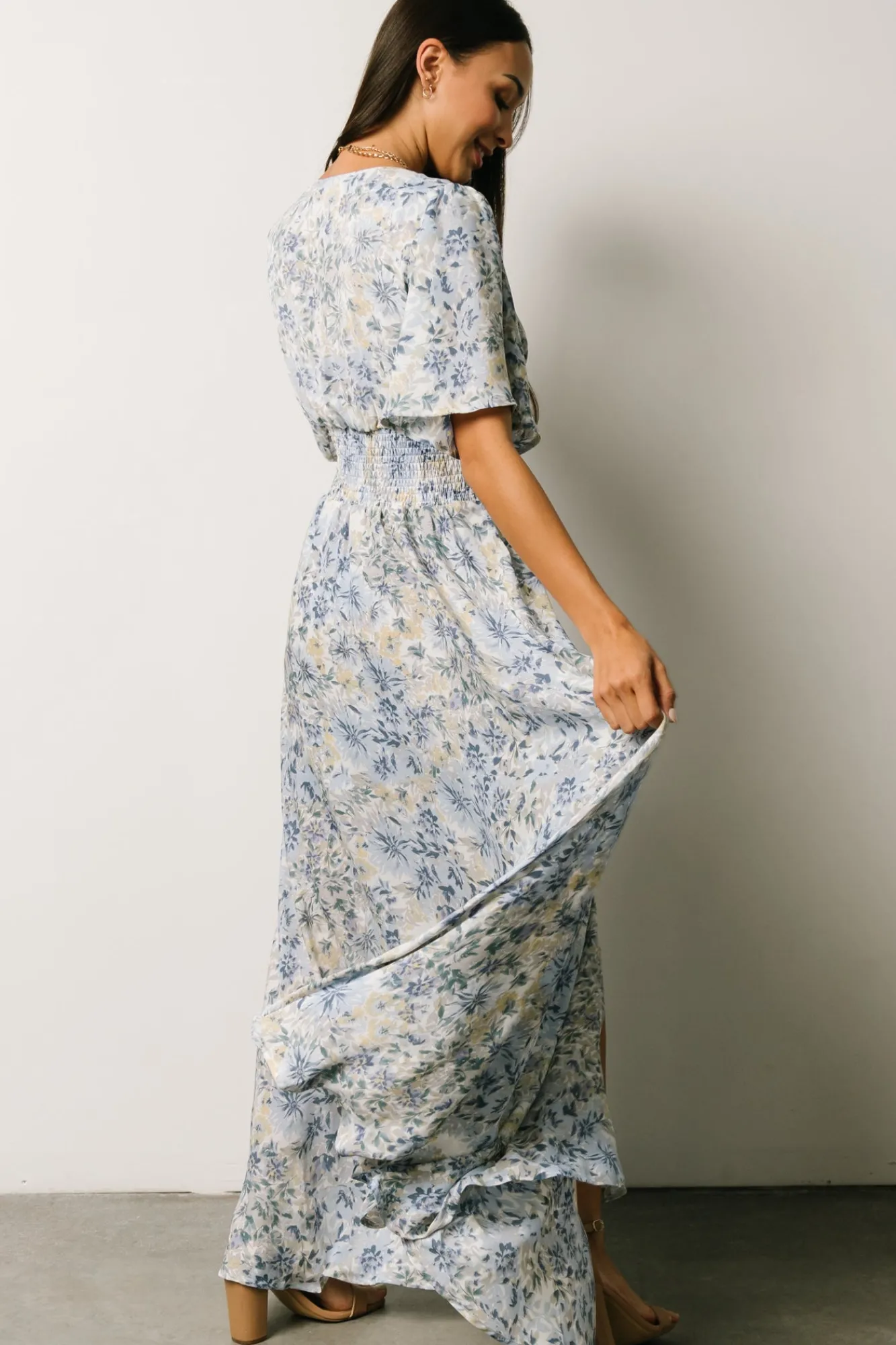 Baltic Born Verona Smocked Maxi Dress | White + Blue Print