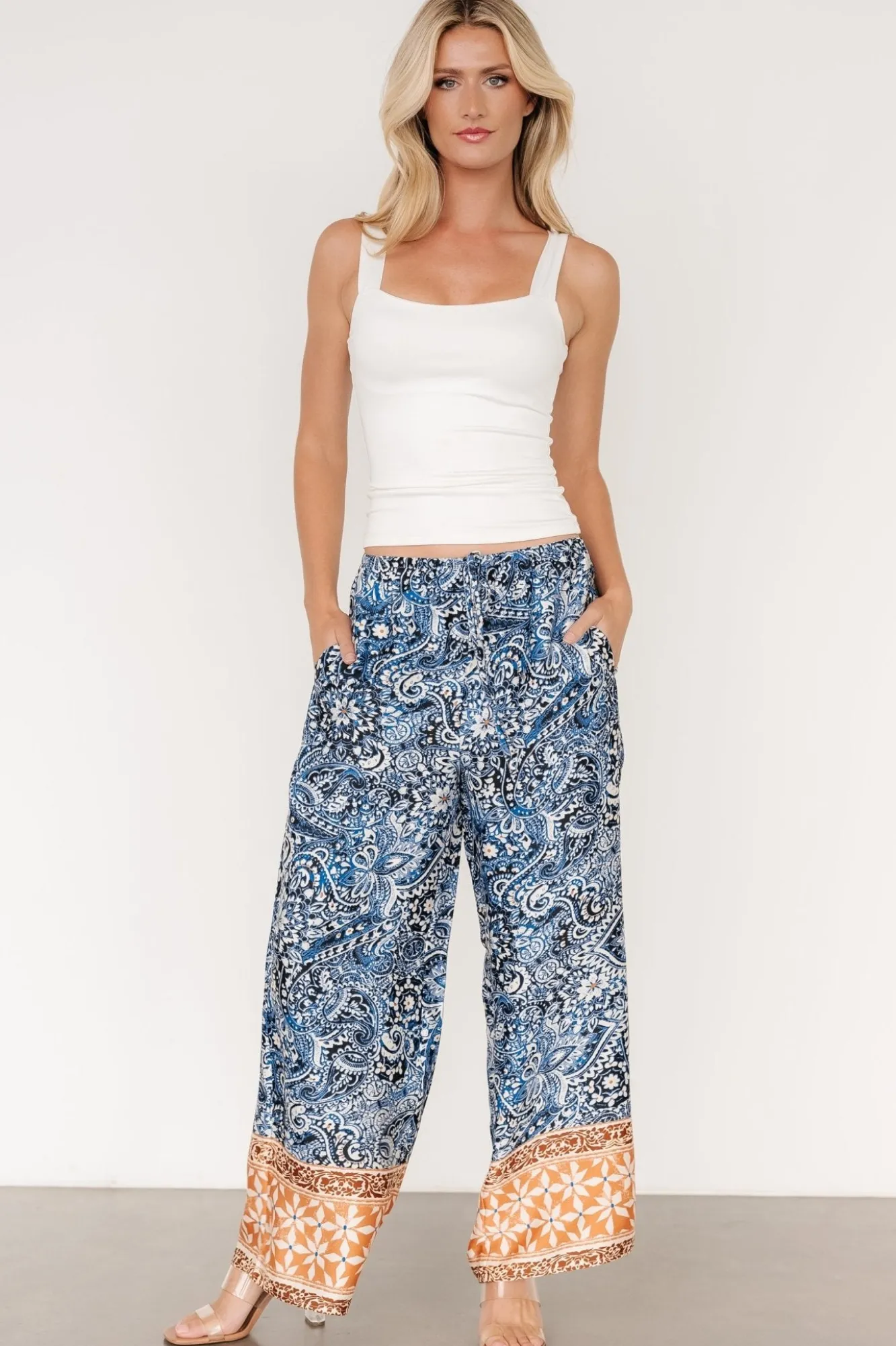Baltic Born Zora Boho Satin Pants | Blue Multi Print
